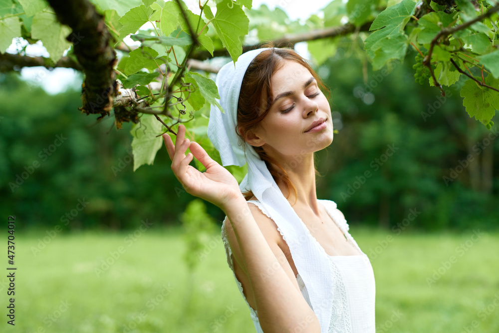 cheerful woman outdoors in the garden countryside ecology nature cheerful woman outdoors in the garden countryside ecology nature