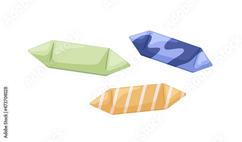 Chocolate candies in wrappers. Choco sweets in wrapping, top view. Wrapped dessert. Confectionery set. Flat vector illustrations of confection in paper packs isolated on white background