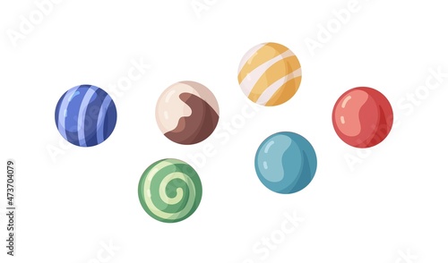 Sugar candies set. Sweet round drops of different flavors. Hard suckers. Ball-shaped lollipops. Variety of lollies. Realistic flat vector illustration of confectionery isolated on white background