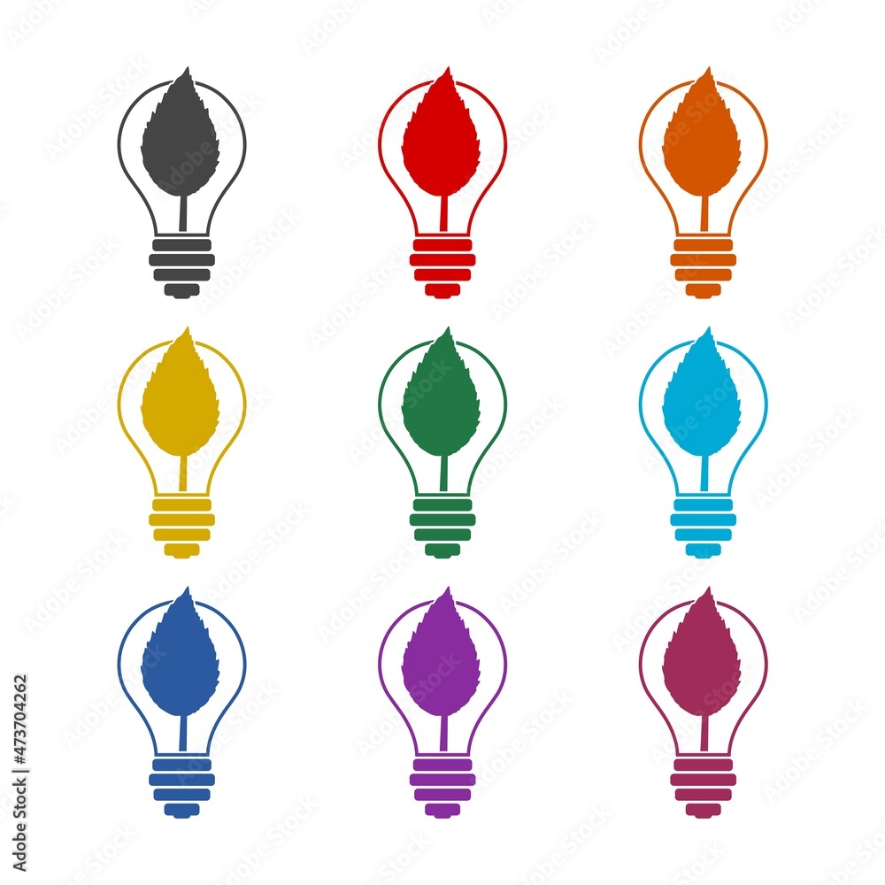 Light bulb with plant leaf icon isolated on white background, color set Light bulb with plant leaf icon isolated on white background, color set