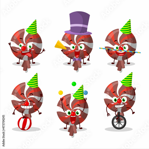 Cartoon character of red twirl lolipop wrapped with various circus shows