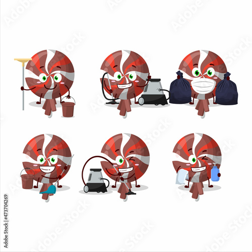 Cleaning service red twirl lolipop wrapped cute cartoon character using mop
