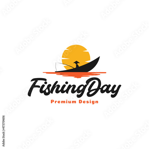 traditional fisher with sunset vintage logo symbol icon vector graphic design illustration idea creative