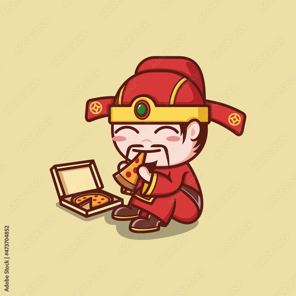 cute cartoon caishen god in chinese new year eating pizza. vector illustration for mascot logo or sticker cute cartoon caishen god in chinese new year eating pizza. vector illustration for mascot logo or sticker