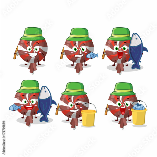 A fisherman red twirl lolipop wrapped cartoon picture catch a big fish