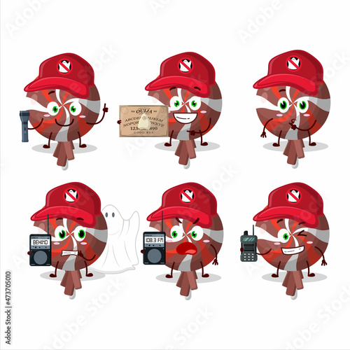 Ghost hunter cartoon red twirl lolipop wrapped character using camera