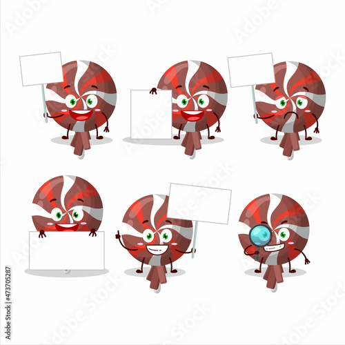 Red twirl lolipop wrapped cartoon character bring information board