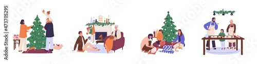 Christmas holiday preparations set. Happy families with kids decorate Xmas tree, baking gingerbread, preparing New Year gifts at home. Flat graphic vector illustrations isolated on white background