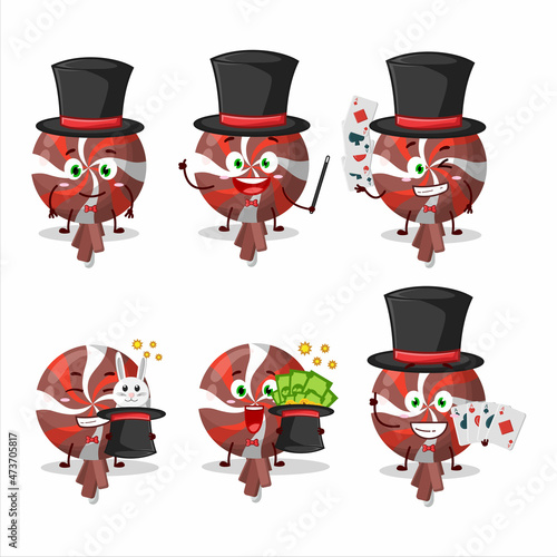 A red twirl lolipop wrapped Magician cartoon character perform on a stage
