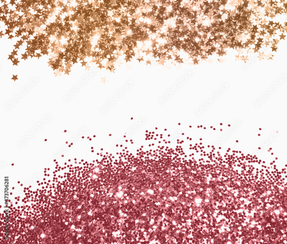 Pink glitter and gold glittering stars on white background in vintage