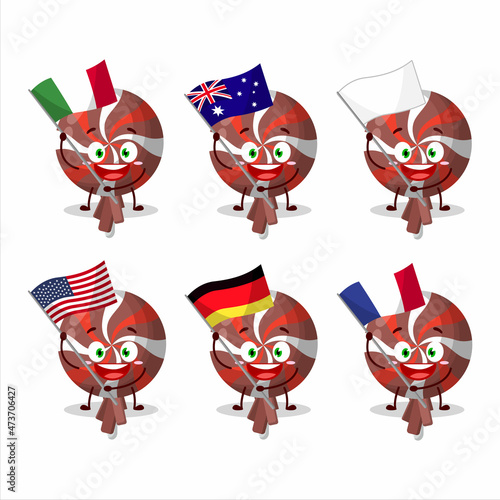 Red twirl lolipop wrapped cartoon character bring the flags of various countries