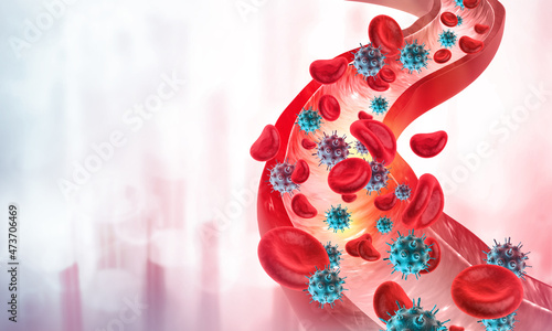 Foto Virus cell infecting the blood stream showing cross section of a vein and human