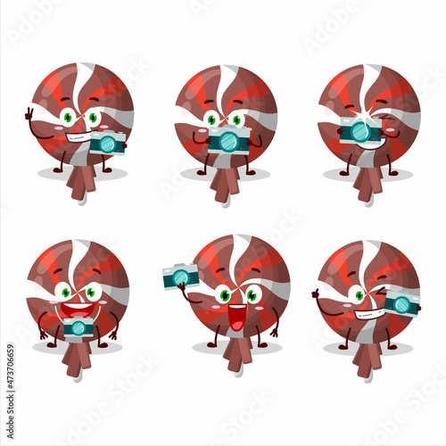 Photographer profession emoticon with red twirl lolipop wrapped cartoon character