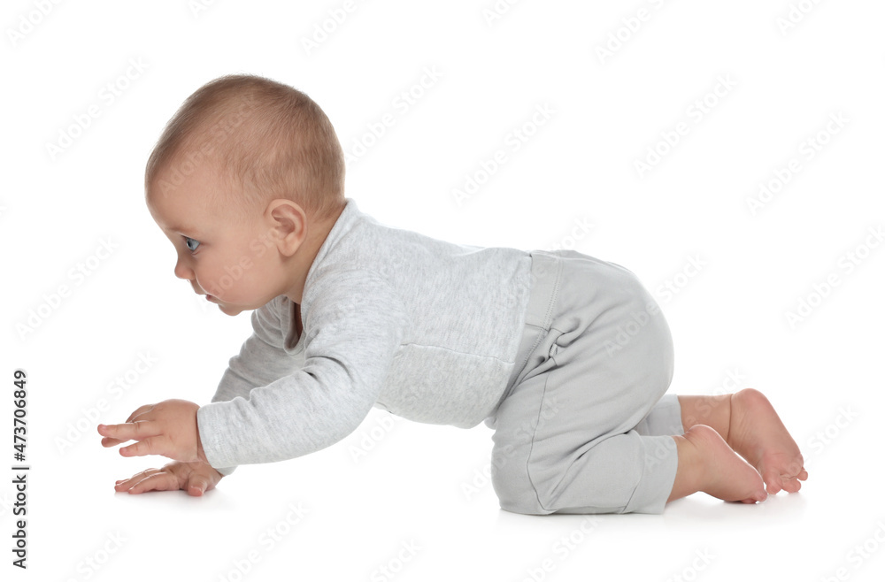 Cute little baby crawling on white background Cute little baby crawling on white background