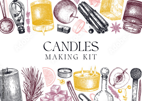 Hand sketched candles ingredients banner. Vintage candles, herbs, wax, fruits, spices, skewers hand drawings background. Perfect for aromatherapy, hobby, handcrafts, candle making.