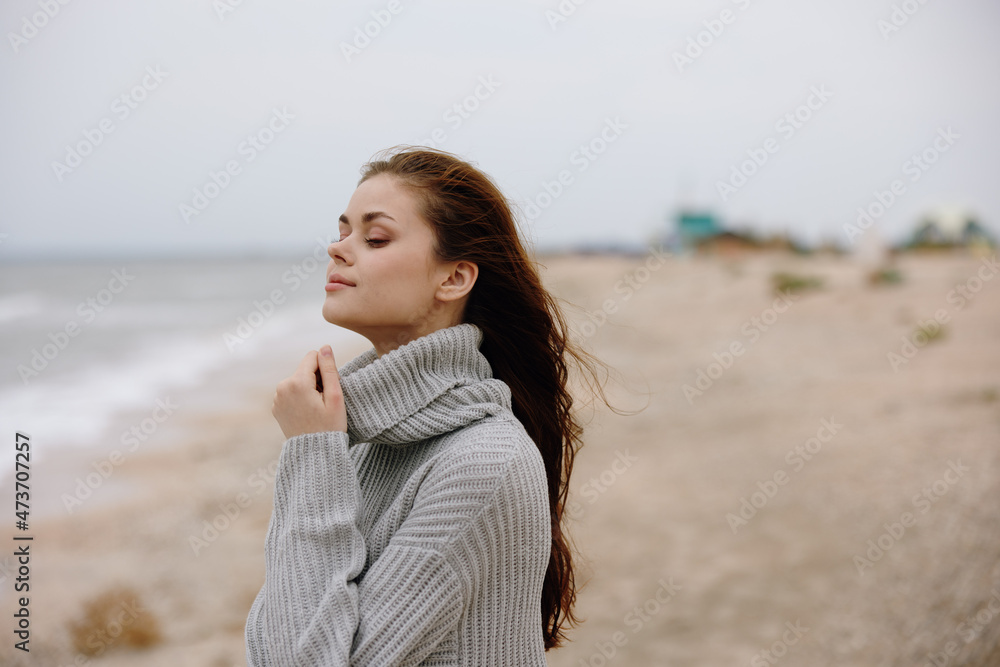 woman sand beach walk ocean freedom travel Happy female relaxing woman sand beach walk ocean freedom travel Happy female relaxing