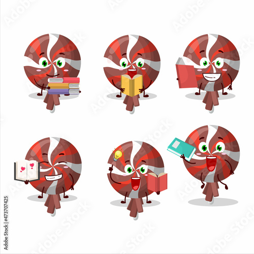 A picture of red twirl lolipop wrapped cartoon character concept reading an amusing book