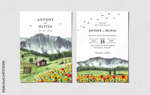 Wedding invitation of green nature landscape with floral and house watercolor