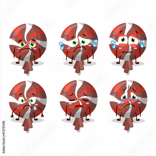 Red twirl lolipop wrapped cartoon character with sad expression
