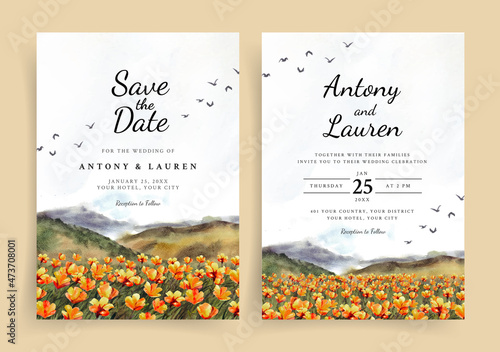 Watercolor wedding invitation of nature landscape with beautiful orange flowers