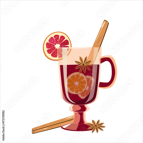 Mulled wine with grapefruit, star anise and cinnamon stick in a glass in a handle. Vector illustration isolated on a white background