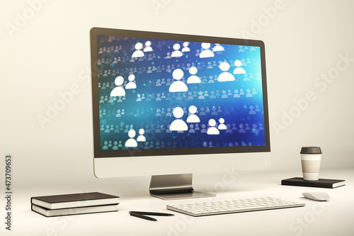 Modern computer screen with social network media concept. 3D Rendering