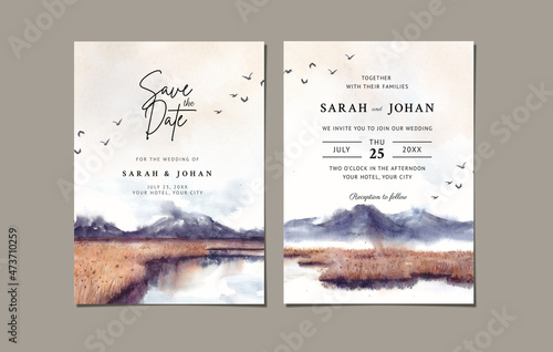 Wedding invitation with mountain and lake watercolor