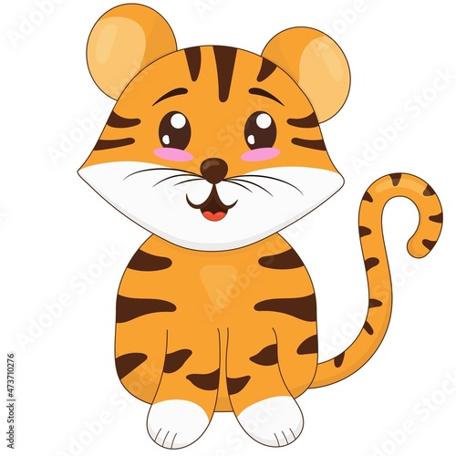 cute tiger cub sitting and smiling, symbol of the new year 2022, vector illustration in flat style, white background photo