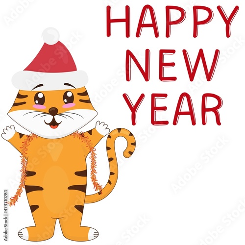 cute tiger cub standing in santa claus hat and garland, tinsel, symbol of the new 2022, vector illustration in flat style, white background photo