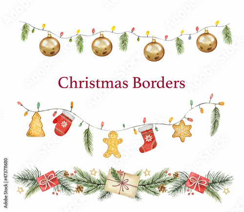 Watercolor vector Christmas set colorful garland with balls, lights and fir b...