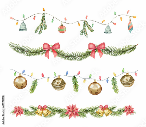 Watercolor vector Christmas set colorful garland with balls, lights and fir branches.