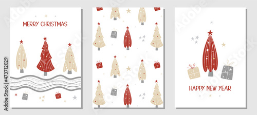 Set of Christmas postcards in Scandinavian style. Fir trees, gift boxes, stars and lines. Winter seamless background. Red and gold. Vector illustration