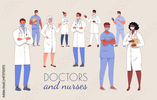 Set of medical team characters in protective mask. Doctor, nurse, therapist, surgeon, healthcare professionals. Vector flat cartoon illustration.