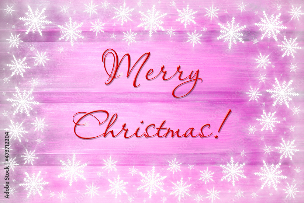 Winter wooden magenta purple mauve nature background with snowflakes around. Texture of painted wood horizontal boards. Merry Christmas card. Congratulation, invitation, party, message for Christmas. Winter wooden magenta purple mauve nature background with snowflakes around. Texture of painted wood horizontal boards. Merry Christmas card. Congratulation, invitation, party, message for Christmas.