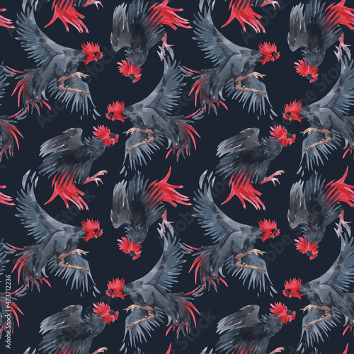 Beautiful vector seamless pattern with watercolor black roosters. Stock illustration.