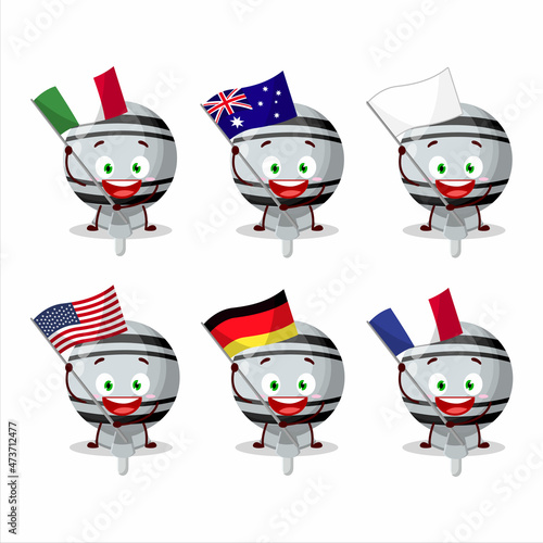 White lolipop wrapped cartoon character bring the flags of various countries