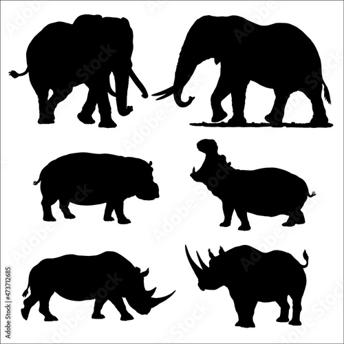 Set with African animals. Silhouette of elephant, rhinoceros and hippopotamus. Vector illustration.