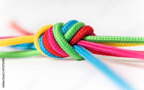 Networking and social media concept, linking entities, internet communication. beautiful colorful ropes on a white background.