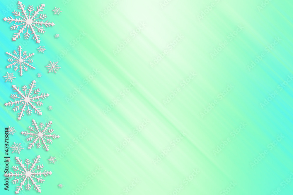 Winter blue turquoise green mint saturated bright gradient background with random snowflakes sideways and with diagonal light stripes. Christmas, New Year card with copy space. Winter blue turquoise green mint saturated bright gradient background with random snowflakes sideways and with diagonal light stripes. Christmas, New Year card with copy space.