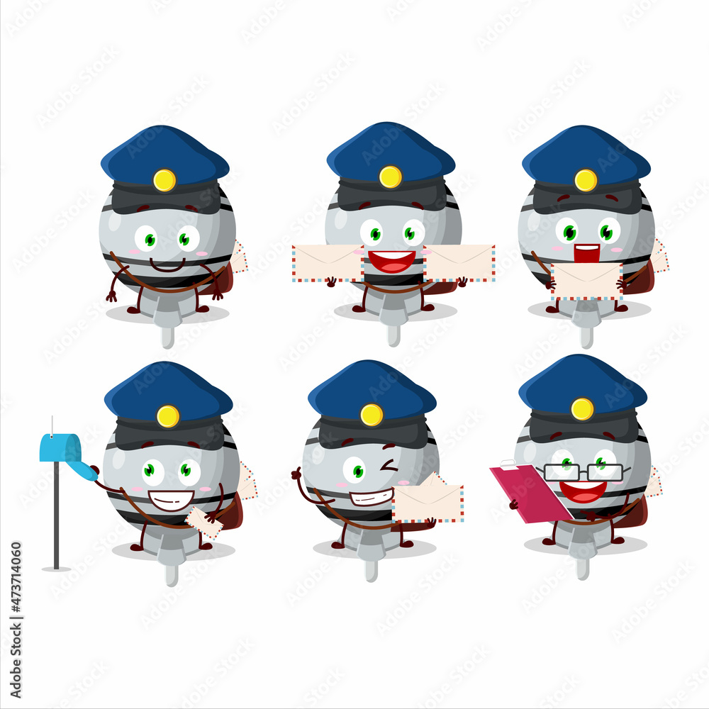 A picture of cheerful white lolipop wrapped postman cartoon design concept A picture of cheerful white lolipop wrapped postman cartoon design concept