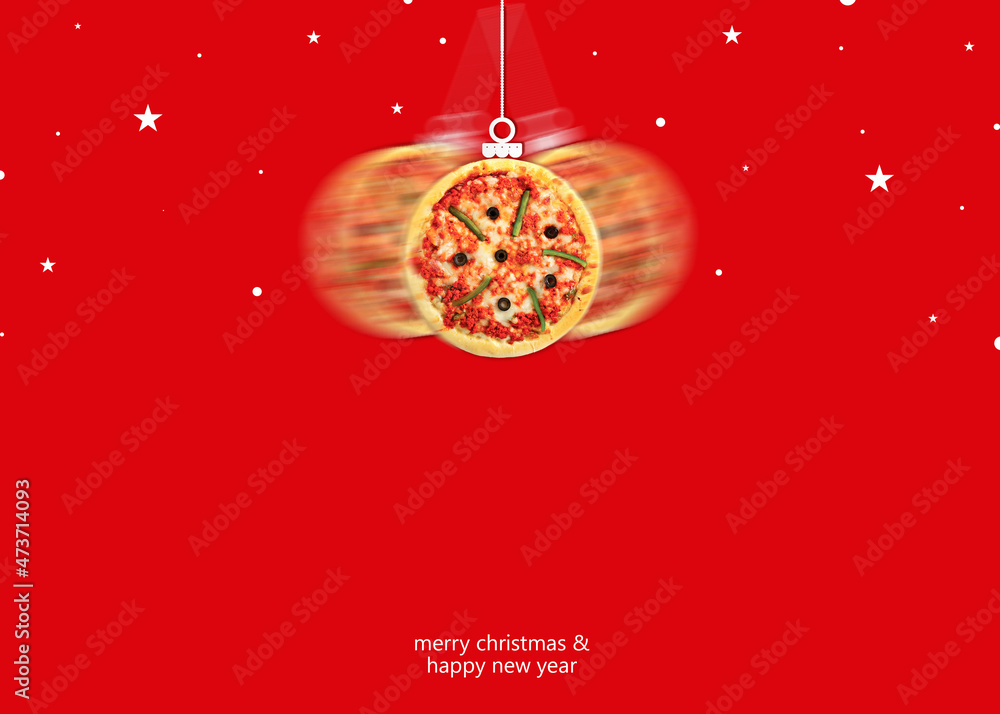 Pizza with Christmas and New Year concept. Isolated on Red Background.
Pizza with Christmas and New Year concept. Isolated on Red Background.