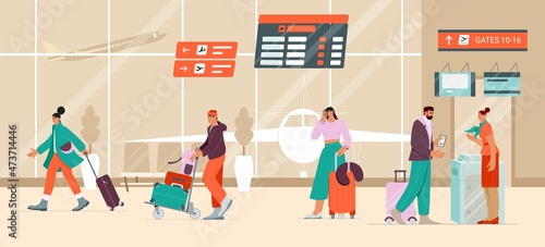 Check in desk at the airport, boarding process, departure table. Travellers with suitcases in airport terminal waiting for registration and flight. Flat vector illustration