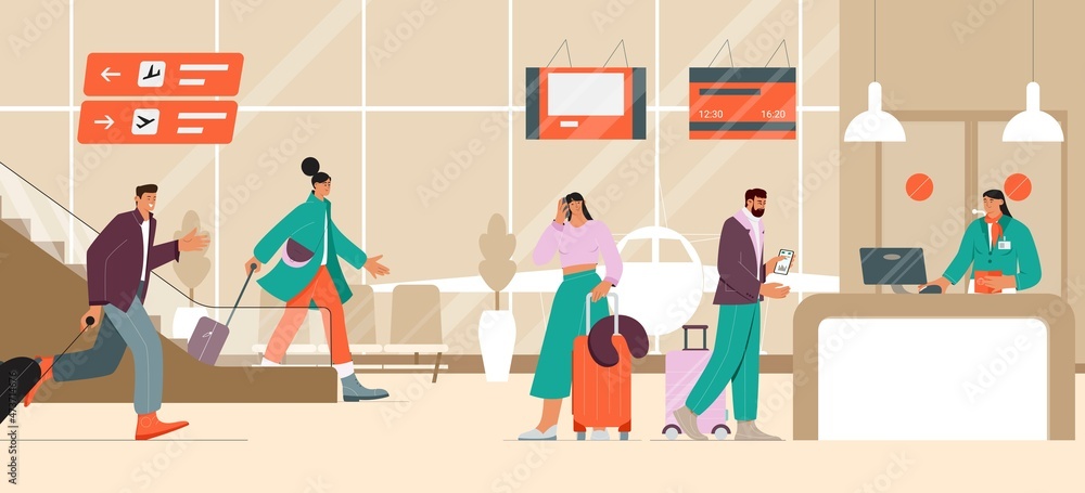 Passengers and travellers standing at the airport in queue in a hurry for check in and boarding at a desk. Vector illustration. Passengers and travellers standing at the airport in queue in a hurry for check in and boarding at a desk. Vector illustration.