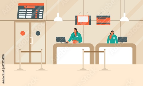 Check in or gate desk with flight attendants and departures table. Vector illustration