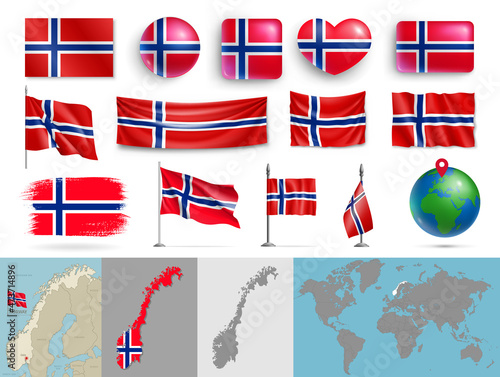 Norway flags of various shapes and geographic map set. Norwegian realistic flags, glossy buttons in patriotic colors, highly detailed map and globe with identification pin vector illustration