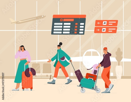 People,passengers walking at the airport with baggage. Tourists waiting for the flight. Flat vector illustration