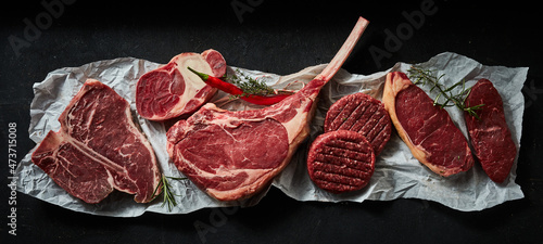 Fototapeta Naklejka Na Ścianę i Meble -  Assorted meat steaks and burger patties on creased paper