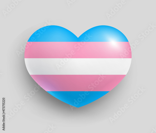 Transgender pride flag of heart shape glossy badge. Lgbt flag, official symbol of trans community realistic vector illustration. Pride, freedom, peace, love, equality 3d button