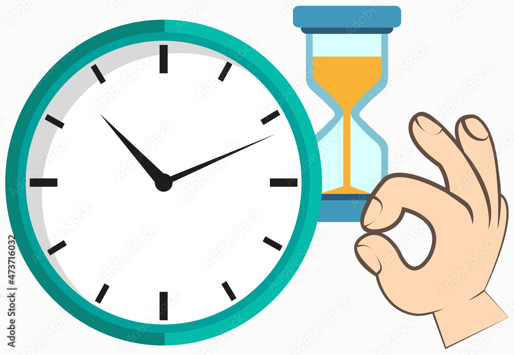 Time management concept planning, organization, working time. Vector illustration with clock and hourglass, human hand showing ok sign. Deadline business schedule optimization, sandglass and watch