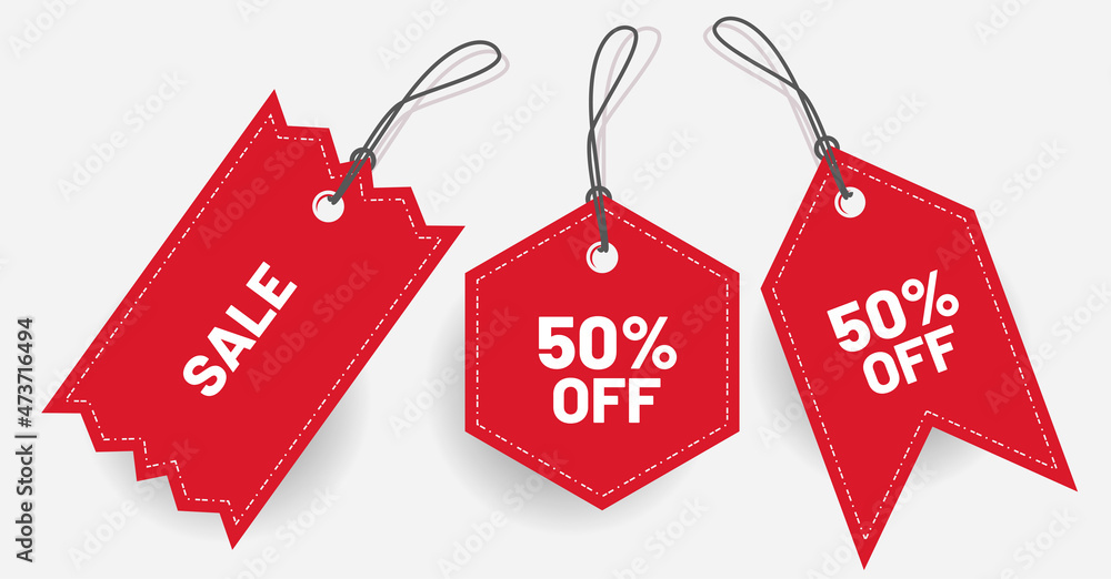 Red label discount 50 Off and sale with various shape - Vector